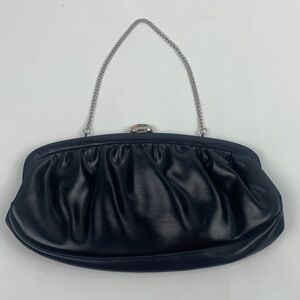 Vintage Black Leather Clutch Bag Silver Clasp and chain Convertible use